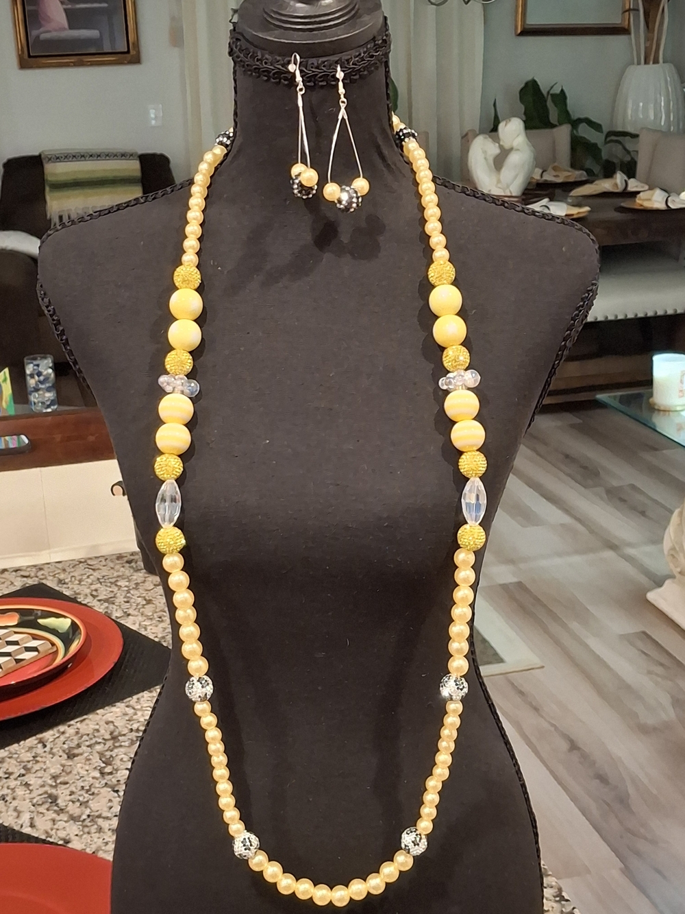 Handmade Yellow Beaded Necklace and Earring Set